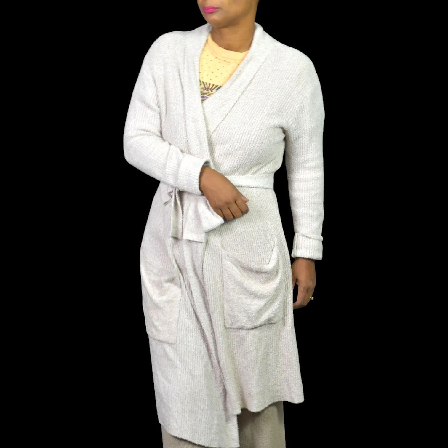 Barefoot Dreams CozyChic Lite Ribbed Robe Oatmeal Taupe Beige Fuzzy Slouchy Wrap Size Small Medium